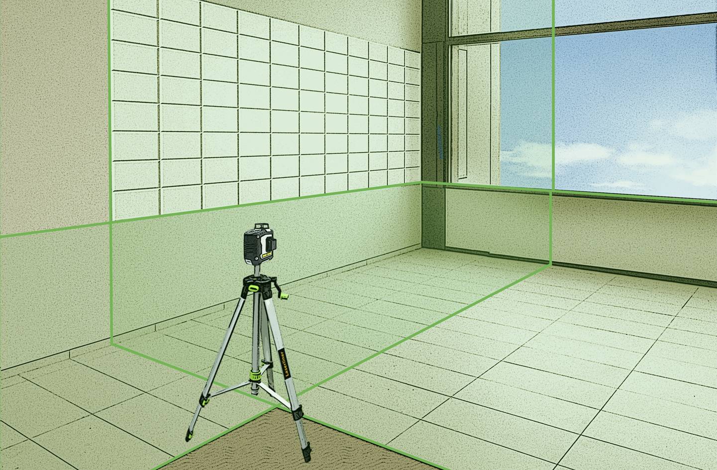 A room with a wall covered in squares that serve as a coordinate system. A tripod with a laser device points towards the wall.