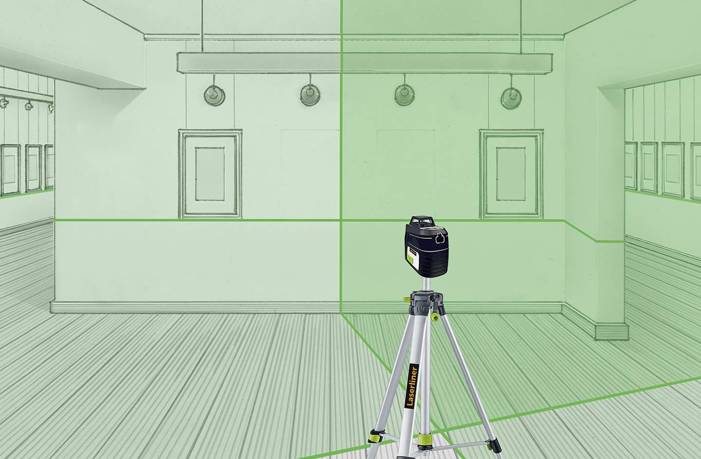 A laser level mounted on a tripod projects green lines on walls and ceiling of a room to facilitate precise measurements.