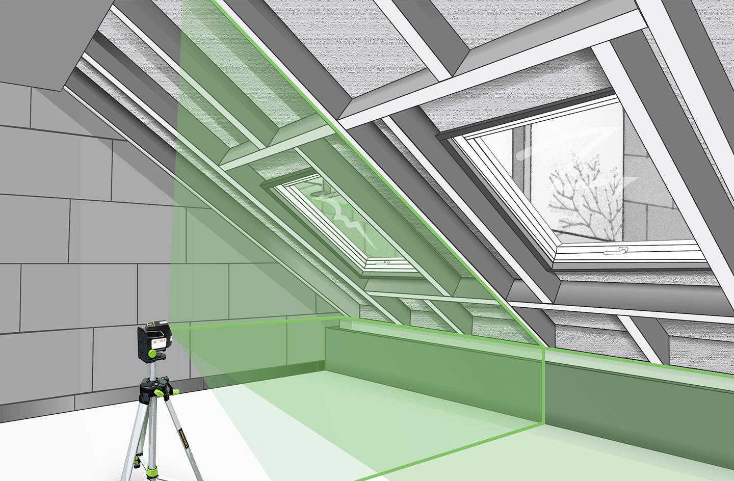 A laser level mounted on a tripod is projecting a green laser beam across an attic room to indicate alignment points.