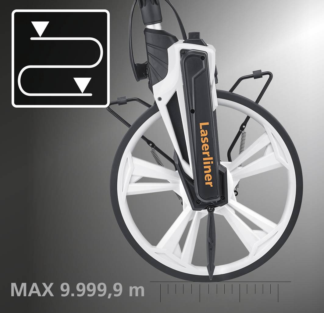 Laser measuring device 'Laserliner' for distance measurement up to 9,999.9 m, with digital display options and ergonomic handle, on a grey background.