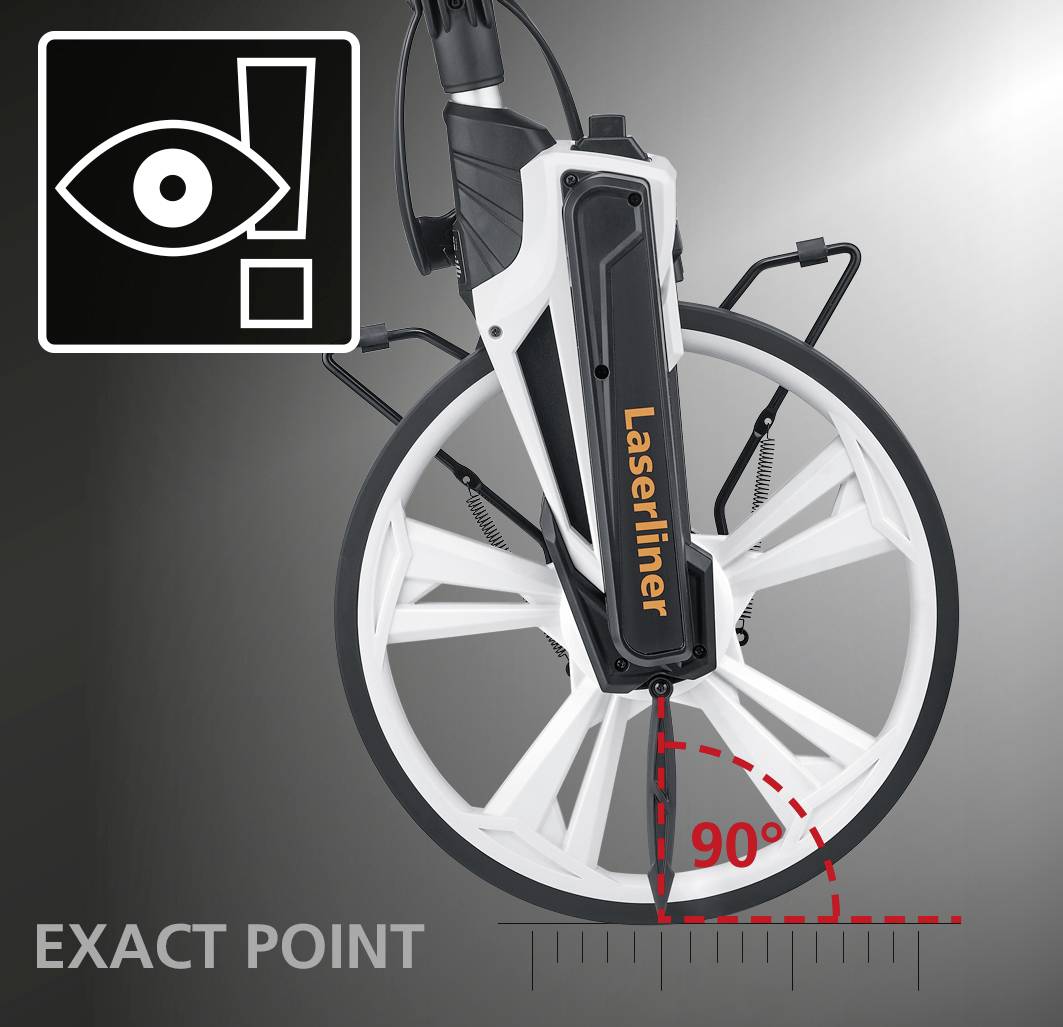 'Graphic of a measuring instrument with wheel and laser; indicates an angle of 90 degrees, highlighted by a red diagram.'