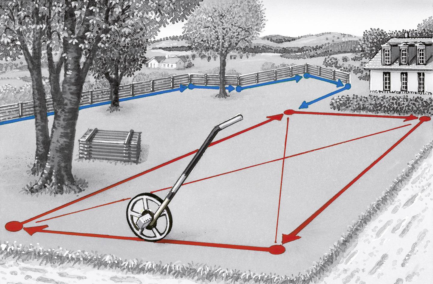 A surveying instrument on a meadow is measuring distances between points in a garden next to a house. Red and blue arrows indicate directions.