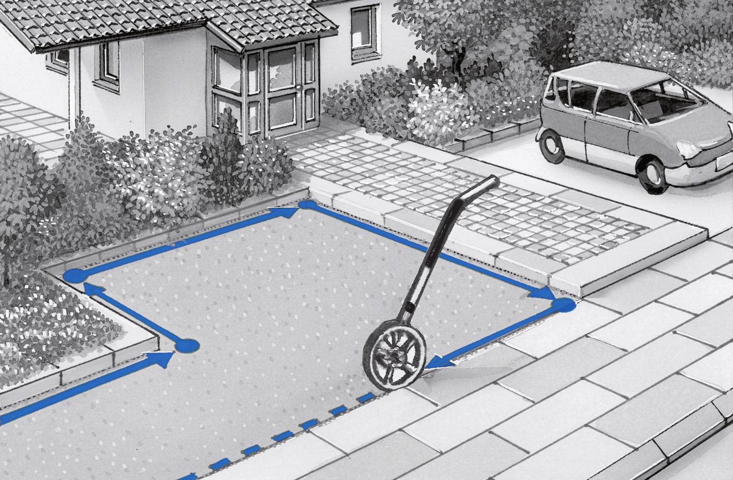 A measuring wheel is used to determine the dimensions of a rectangular area in a paved driveway in front of a house.