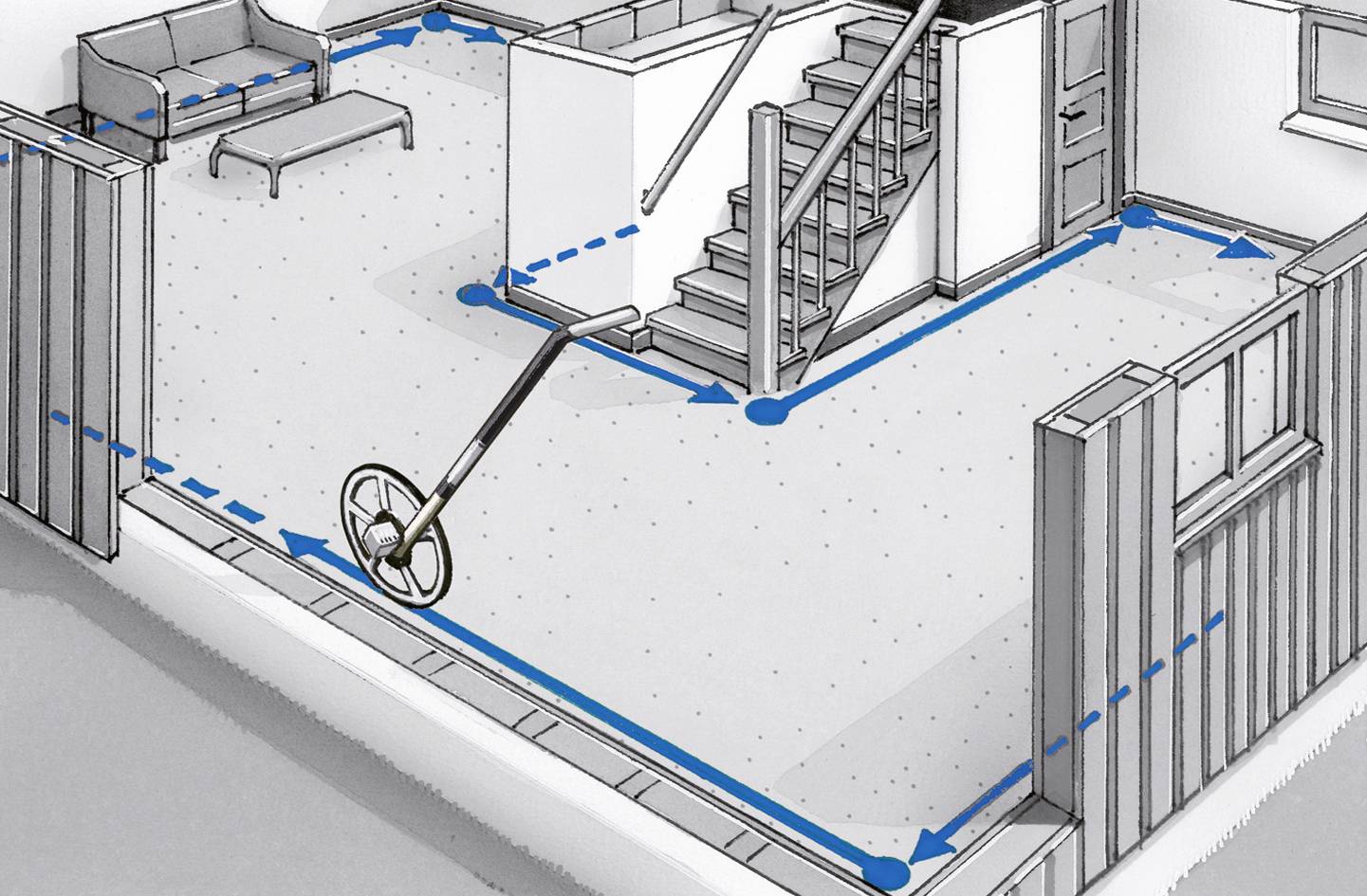 Measuring device for area measurement in a rectangular room, showing the measured distance with arrows. Stairs and sofa in the background.