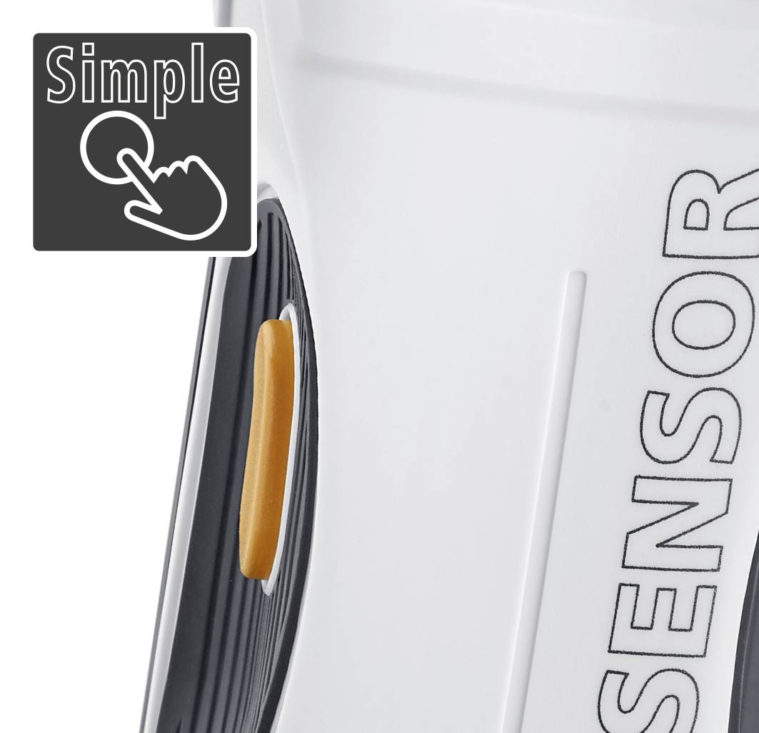 Close-up of a sensor with an orange button. An icon in the top left shows a hand tapping on a display, with the word 'Simple'.