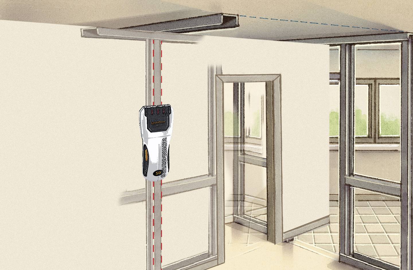 A device is held against a wall to locate cables or pipes behind plasterboard. The device displays a vertical line.
