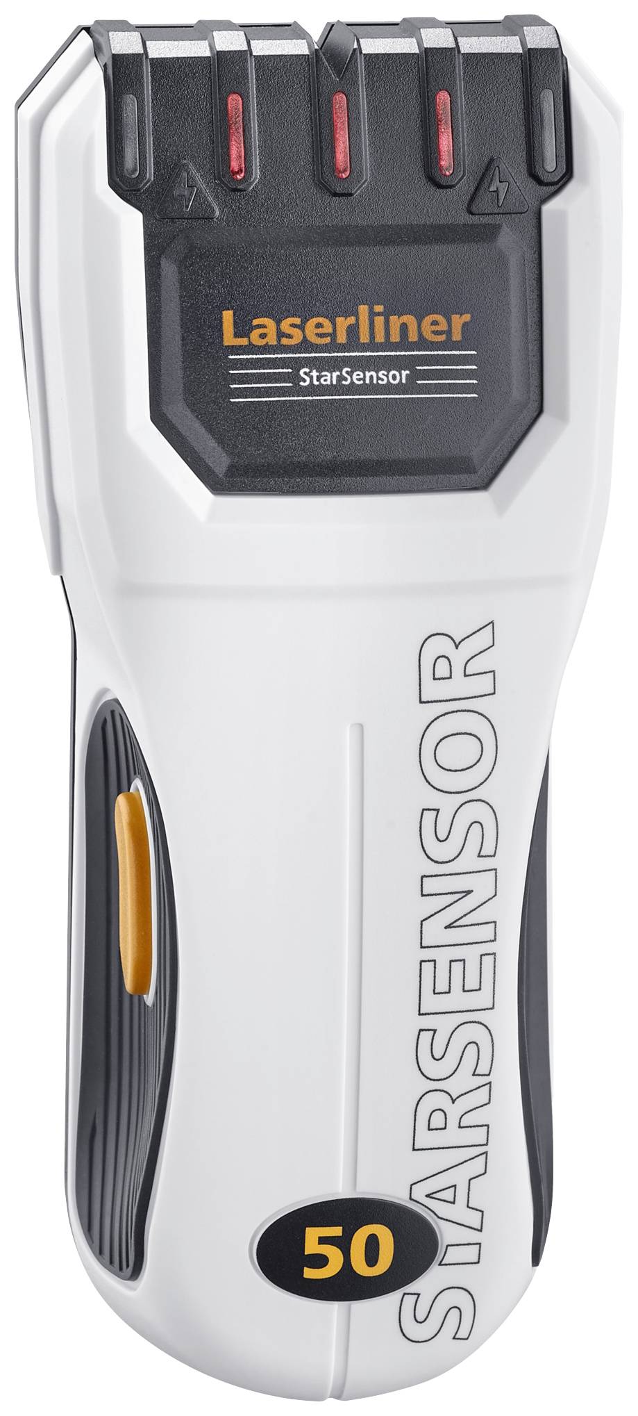 A white laser detector with the inscription 'Laserliner StarSensor'. The device has black and orange elements.