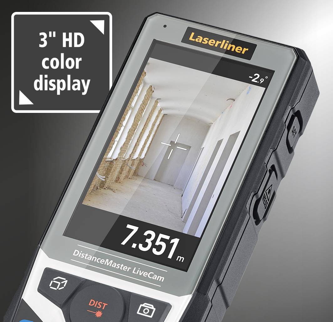 A laser rangefinder with a colour display shows a distance of 7.351 metres and has a temperature reading of -2.9 degrees.