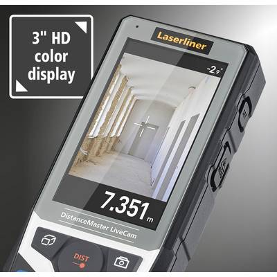 A laser rangefinder with a colour display shows a distance of 7.351 metres and has a temperature reading of -2.9 degrees.