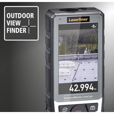Laser rangefinder with display showing a measurement of 42.994 metres and an outdoor scene with trees and buildings.