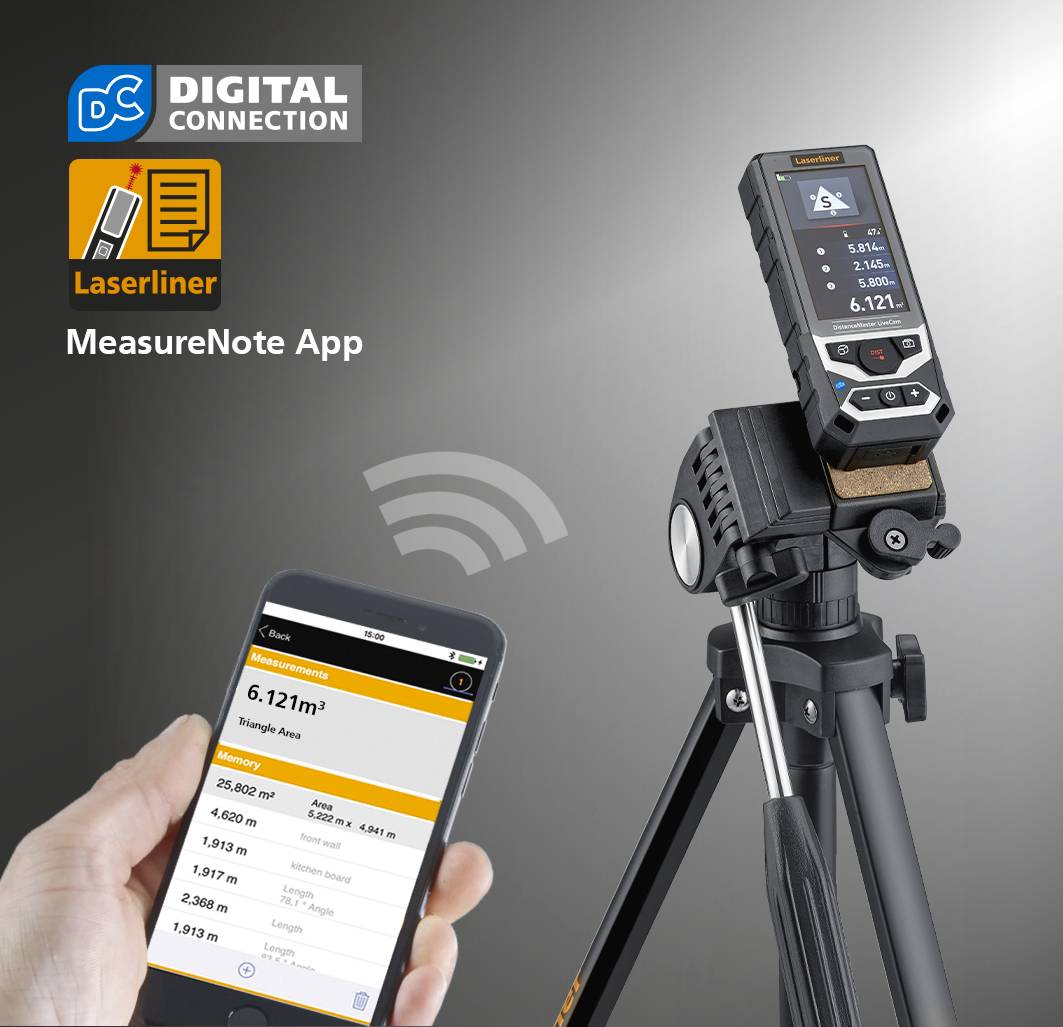 A laser distance metre mounted on a tripod digitally connects with the 'MeasureNote' app on a smartphone for measurement.