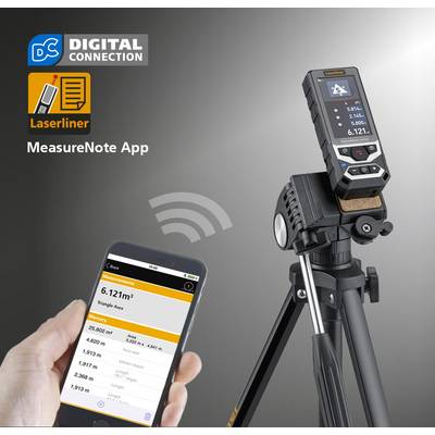 A laser distance metre mounted on a tripod digitally connects with the 'MeasureNote' app on a smartphone for measurement.