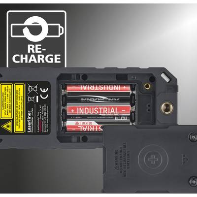 'Back of a device with an open battery compartment containing three AA batteries. Symbol and text 'RE-CHARGE' in the top left.'