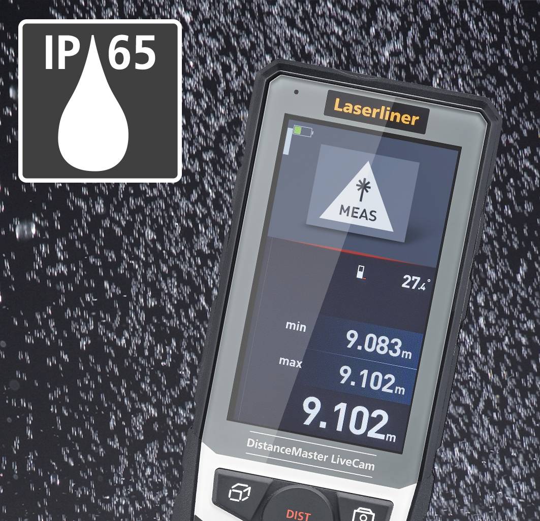 A laser distance metre is displayed, with an IP65 water resistance rating. Measurements are shown on the screen.
