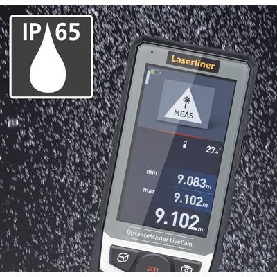 A laser distance metre is displayed, with an IP65 water resistance rating. Measurements are shown on the screen.
