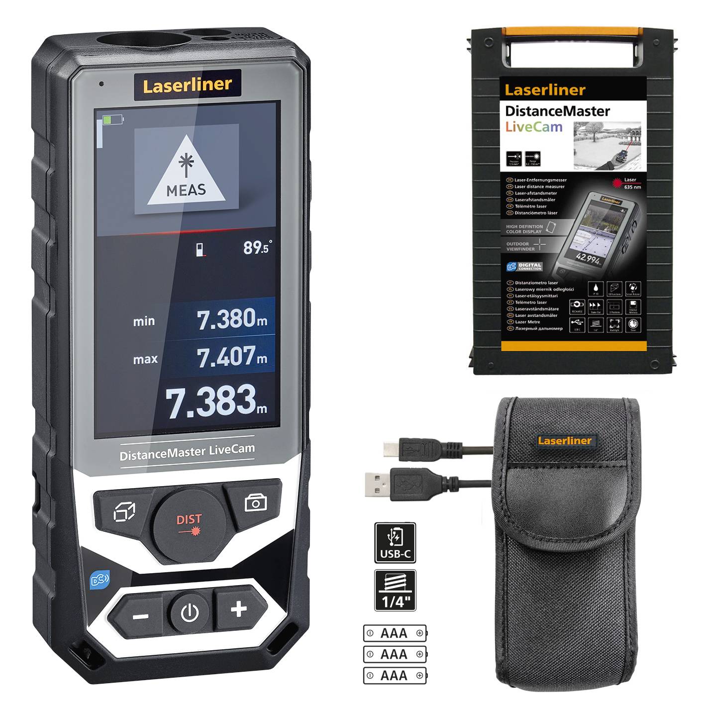 'Laserliner DistanceMaster LiveCam' device with display measurement readout. Includes packaging, USB cable, and protective case.