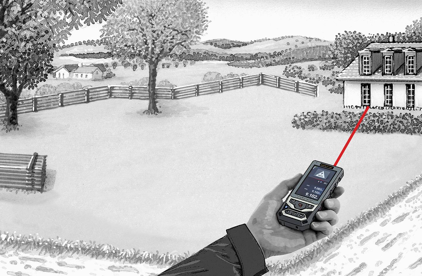 A person is measuring the length of a house from a distance using a digital device that projects a laser beam onto the building.