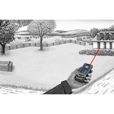 A person is measuring the length of a house from a distance using a digital device that projects a laser beam onto the building.