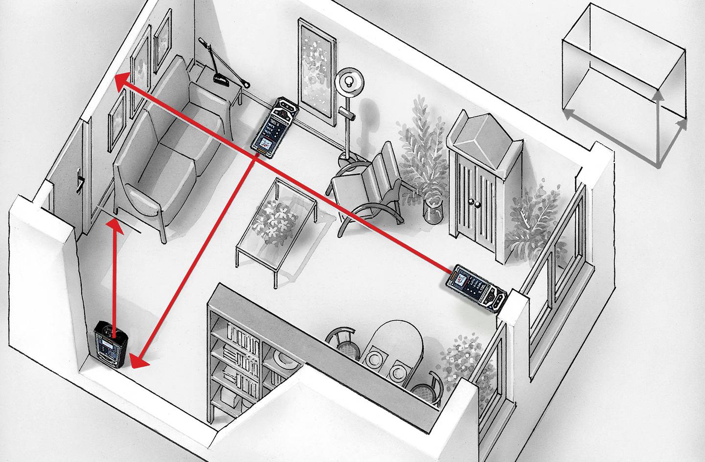 A diagram of a living room shows arrows as sound or data paths between speakers, a measuring device, and furniture.