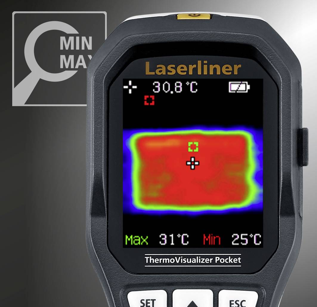 A portable thermometer displays a thermal imaging display. The screen shows temperature ranges from 30.8°C to 25°C.