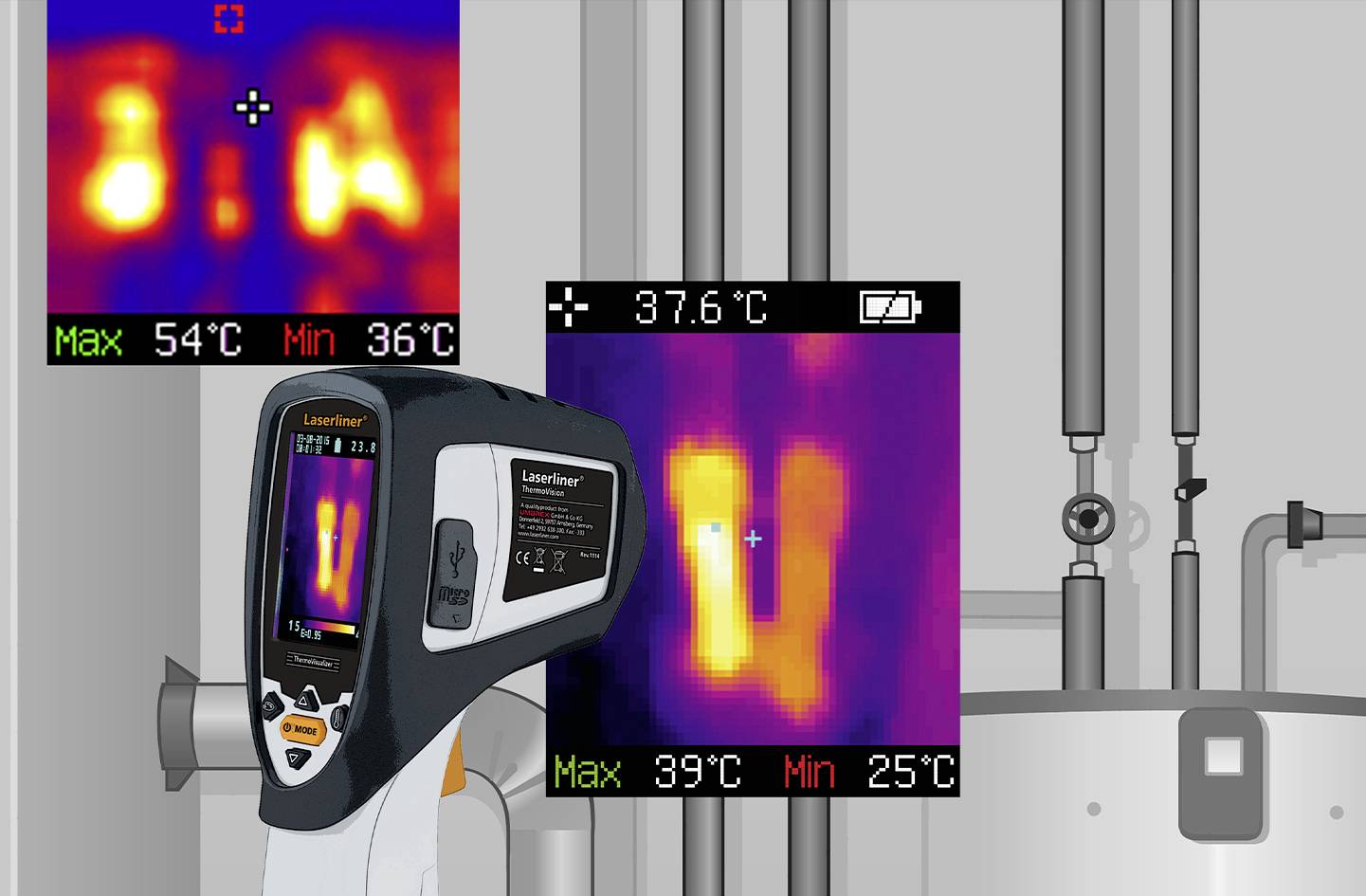 An infrared thermometer shows a thermal image of pipes with temperature readings: Max 54°C, Min 25°C. The screen displays 37.6°C.