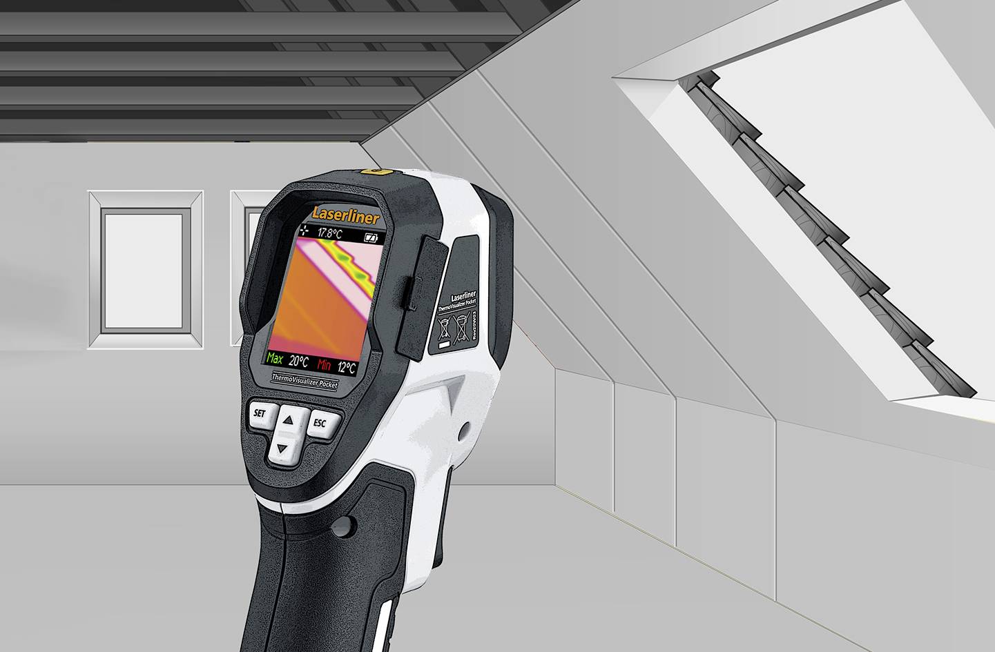 An infrared thermometer scans a corner of the attic. The display shows a temperature difference indicator with coloured areas.