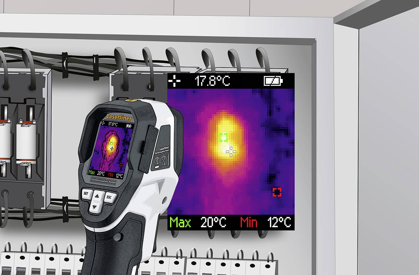 An infrared thermometer displays a thermal imaging view with a colour scale and temperature reading (Max 20°C, Min 12°C) in an electrical switch cabinet.