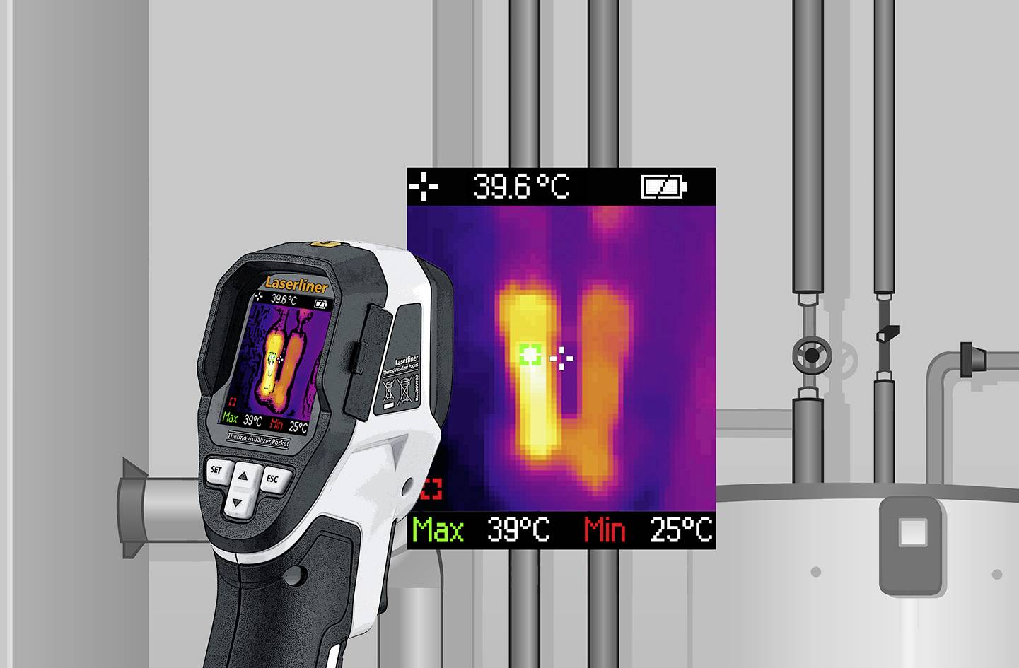 A handheld thermal imaging device shows a thermal image of pipes with temperatures ranging between 25°C and 39.6°C.