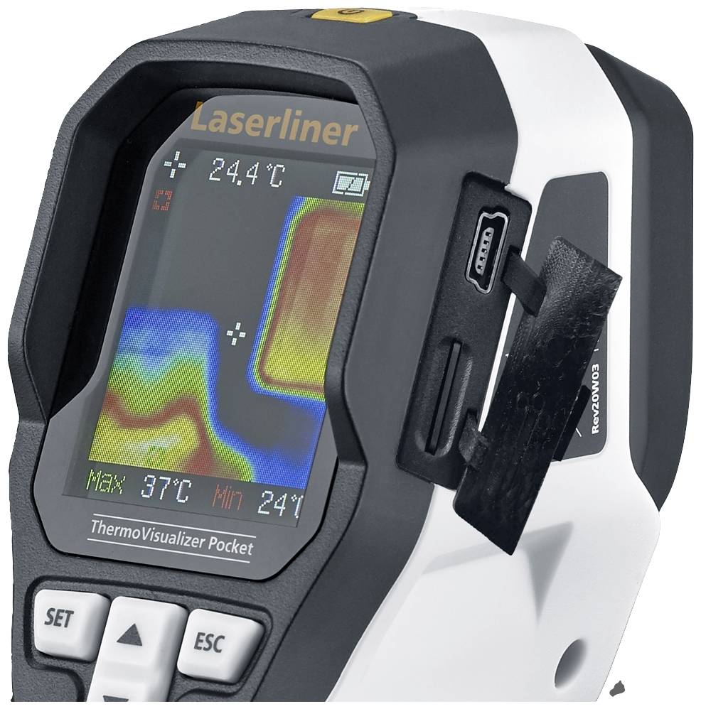 Infrared thermometer with colour display shows thermal image and temperature range from 24.4°C to 37.0°C.