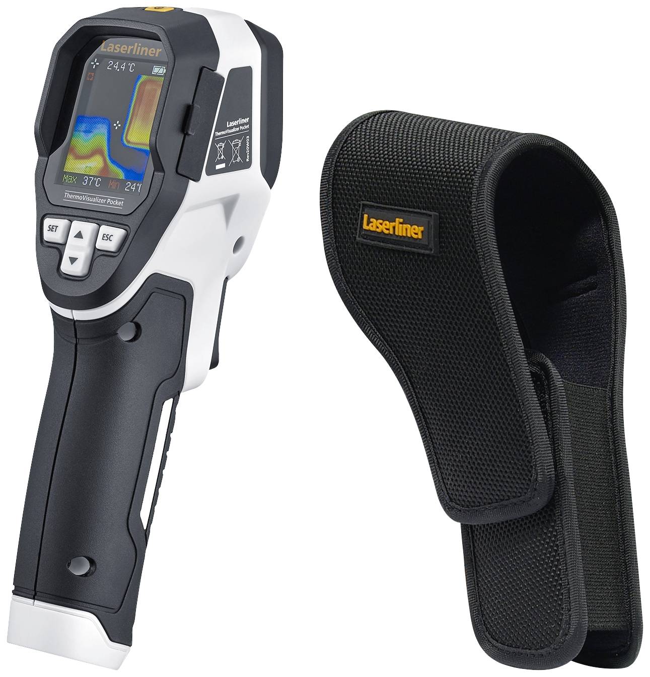 Handheld temperature measuring device with digital display showing a colour thermal imaging display. Includes black protective case.