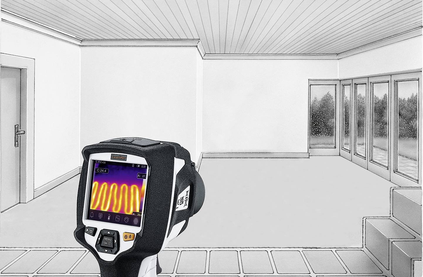 A thermal imaging camera shows the temperature distribution in an empty room. Warm areas are depicted in yellow and orange.