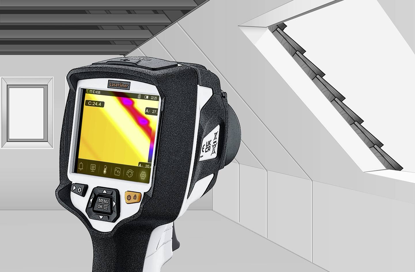 A thermal imaging camera shows a coloured thermogram of an attic, depicting areas with different temperatures.