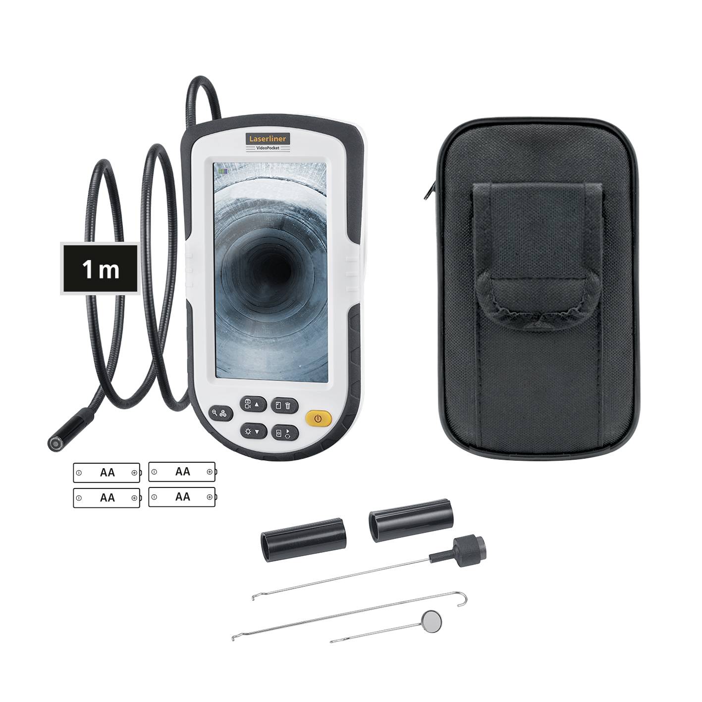 An inspection camera set with a screen and a flexible, 1-metre long cable, batteries and accessories, beside a black carry case.