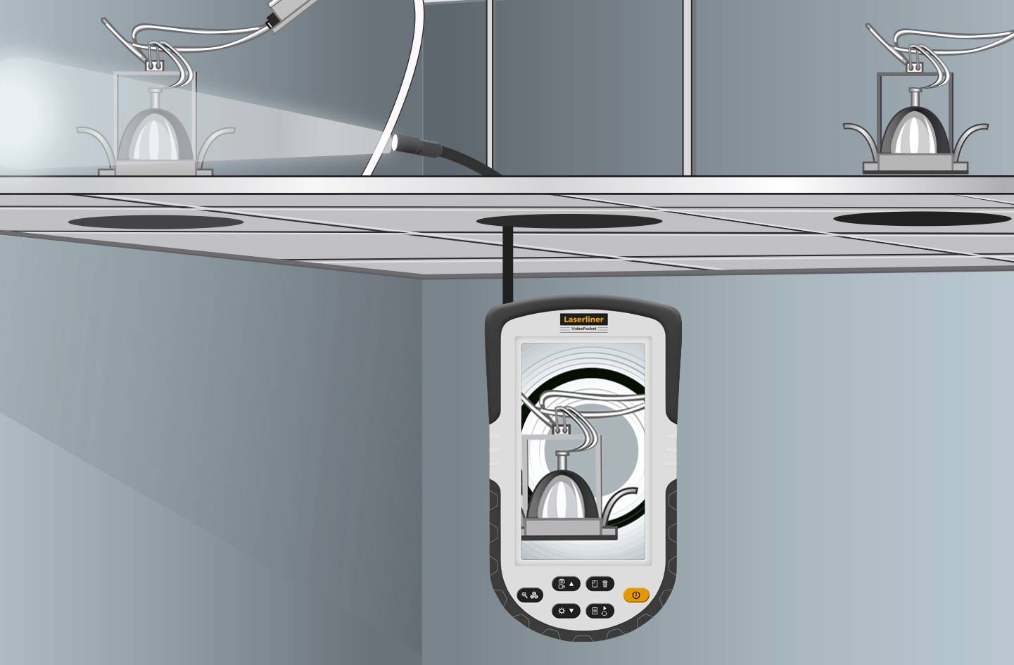 A testing device inspects the cable connections in a ceiling light to ensure correct installation and safety.