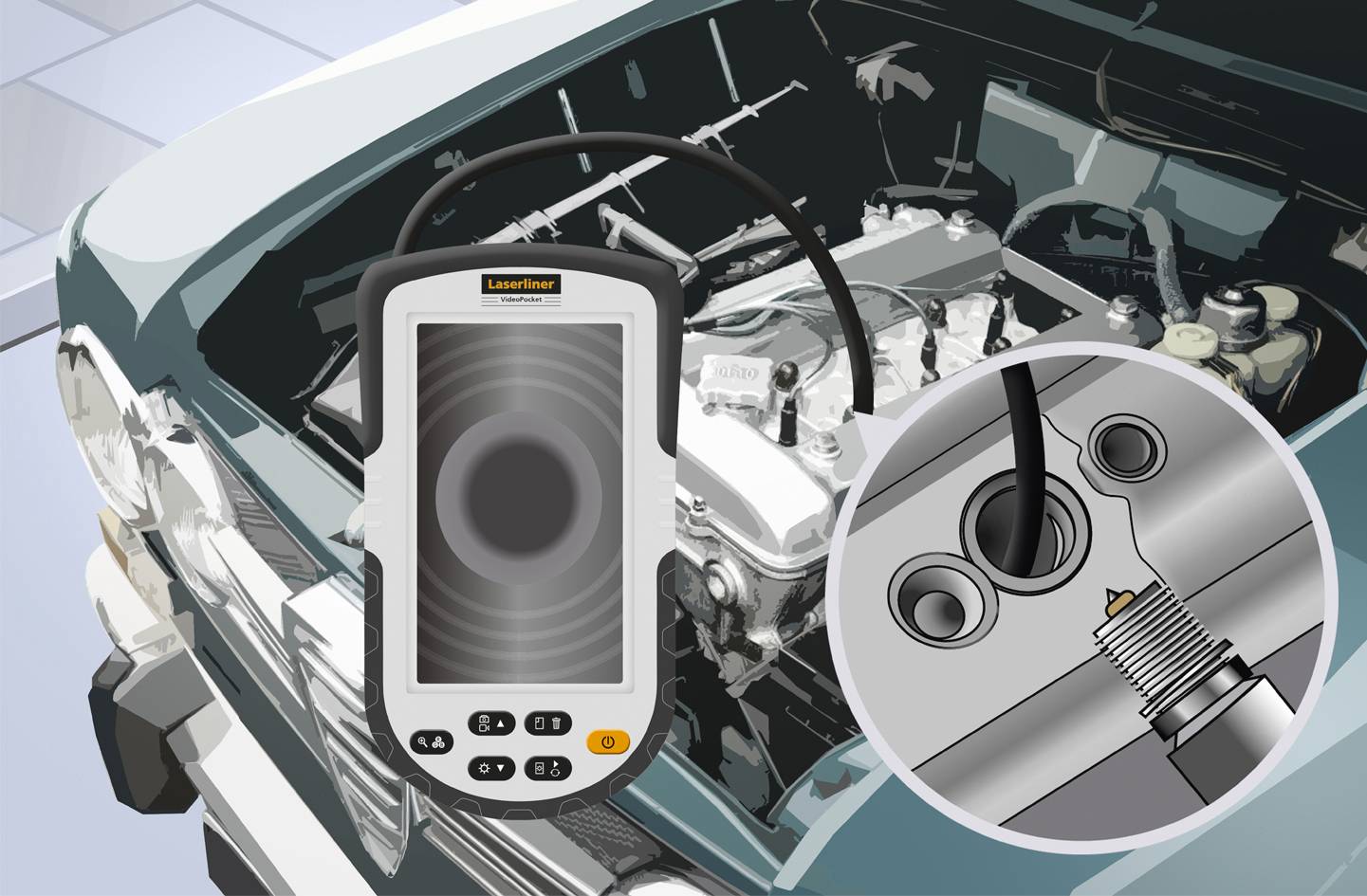 A car with an open bonnet. A diagnostic device shows a close-up of a spark plug in the engine block.