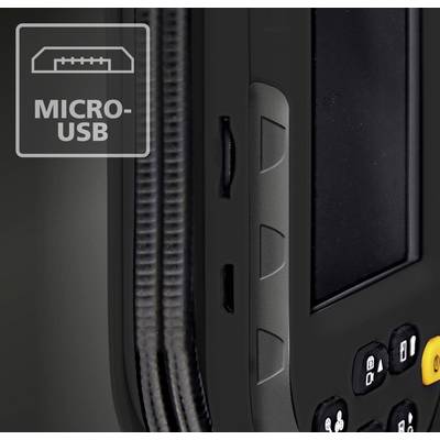 'Close-up of a portable electronic device with a micro-USB port and a display. Buttons are located below the display.'