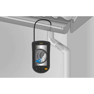 An inspection device shows the interior of a pipe with potential contaminants. The device is used for examining drainage pipes.