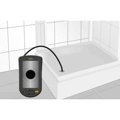 In the graphic, an inspection device with a camera probe is shown being used to examine the drainage system of a shower.