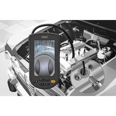 An endoscope shows the interior of an automotive fuel system. Main screen displays a detailed view of a spark plug chamber.