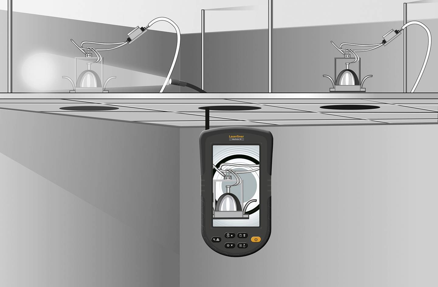 An endoscope shows the interior of a metallic container, which is visible on a display to inspect the surface's integrity.