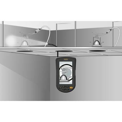 An endoscope shows the interior of a metallic container, which is visible on a display to inspect the surface's integrity.