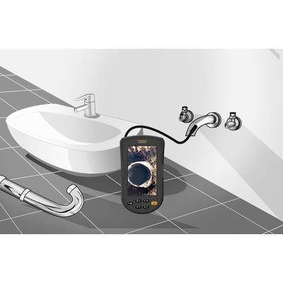 An endoscope shows a pipe in the bathroom, connected to taps above the sink, to check for blockages.