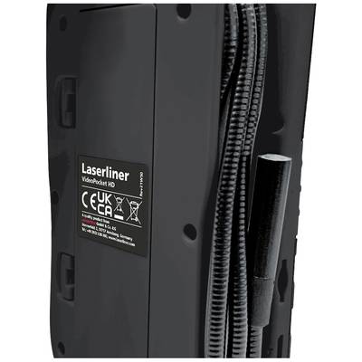 In the image, the Laserliner VideoPocket HD device is shown, with certification marks and technical cable connections on the right.