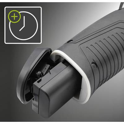 Electrical device with a removable battery, designed for extended runtime. Clock symbol with a green plus sign.