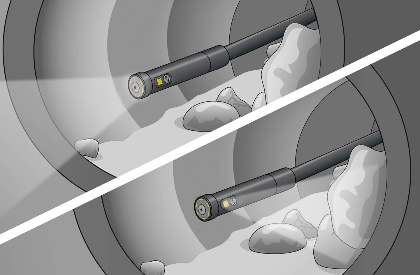 A camera is inspecting the inside of a pipe. At the top, the pipe is empty, while at the bottom, stones are blocking the passage.