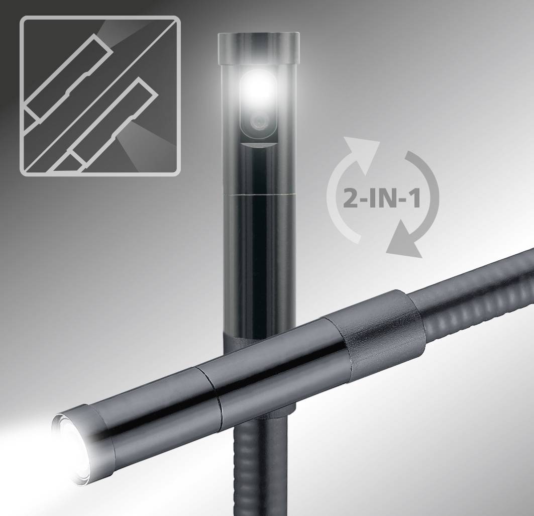'Torch with a flexible shaft, demonstrating a 2-in-1 function. A small picture in the top left shows the shaft's flexibility.'