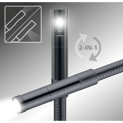 'Torch with a flexible shaft, demonstrating a 2-in-1 function. A small picture in the top left shows the shaft's flexibility.'