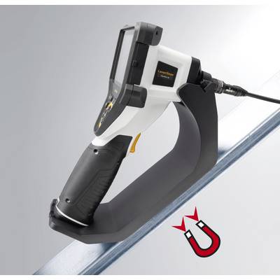 A portable laser line device is placed on a metal stand. It is connected to a cable and displays a magnet symbol.