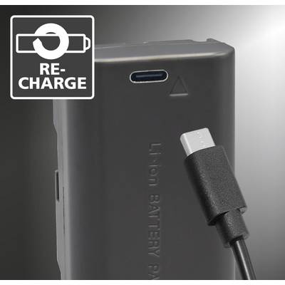 A charger is plugged into a lithium-ion battery, with the 'RE-CHARGE' symbol in the top left, indicating that it is being charged.