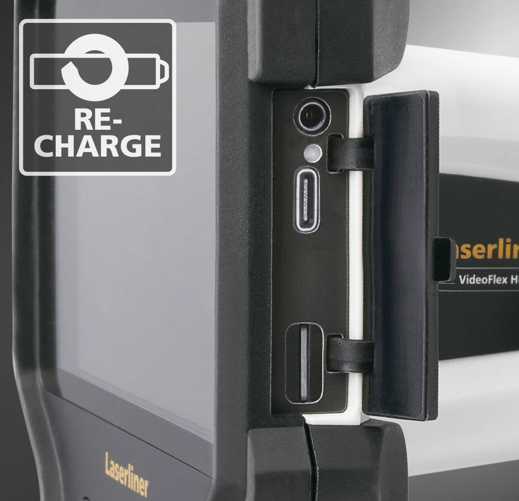 Close-up of a laser level device with display and connections. Top left, a symbol and text 'RE-CHARGE', likely indicating battery charging.
